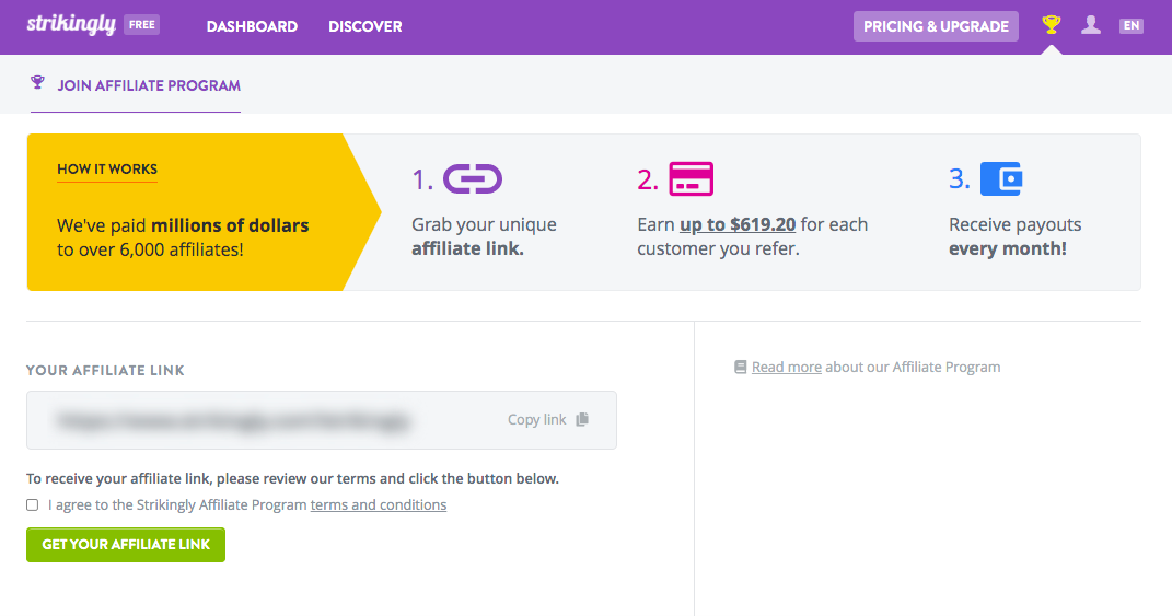 Strikingly referral program landing page